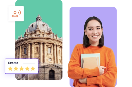 Student smiling with textbooks beside a historical building and exam rating graphic.
